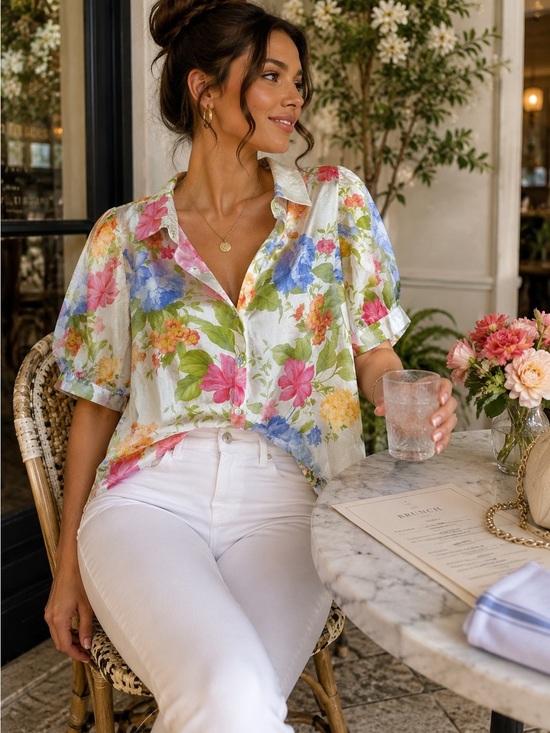 Bailey 44 Tops - Bailey 44 White Button-Down Blouse with Pink, Blue & Yellow Floral Print